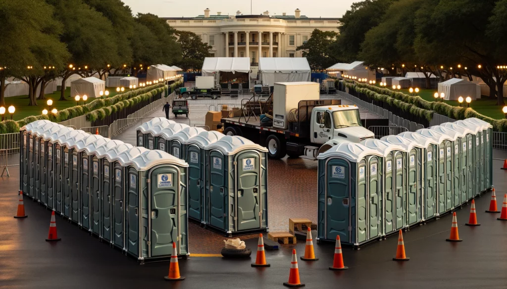 Festival porta potty bank with barricades in Milledgeville, Georgia